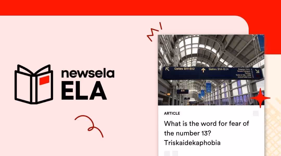 An image shows an interior view of an airport terminal with gate signs. One sign points left towards "Gates B1-B12", and another sign points right towards "Gate B13". The title text above the image reads "What is the word for fear of the number 13? Triskaidekaphobia".