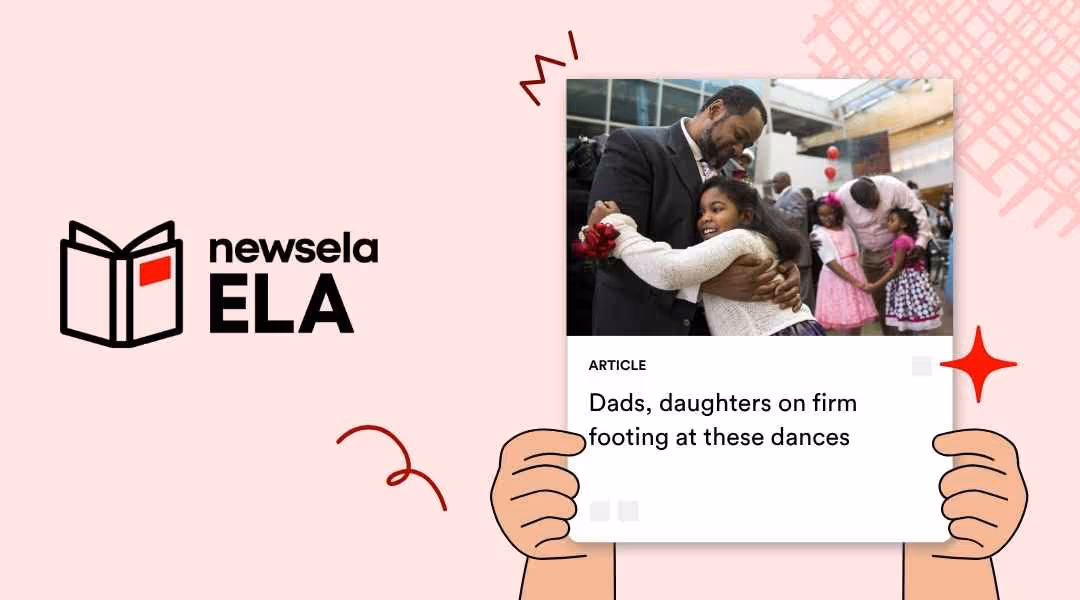 A Newsela ELA article card with an image of a father and daughter dancing together at a formal event, surrounded by other families in a festive indoor setting. The article headline reads, "Dads, daughters on firm footing at these dances."