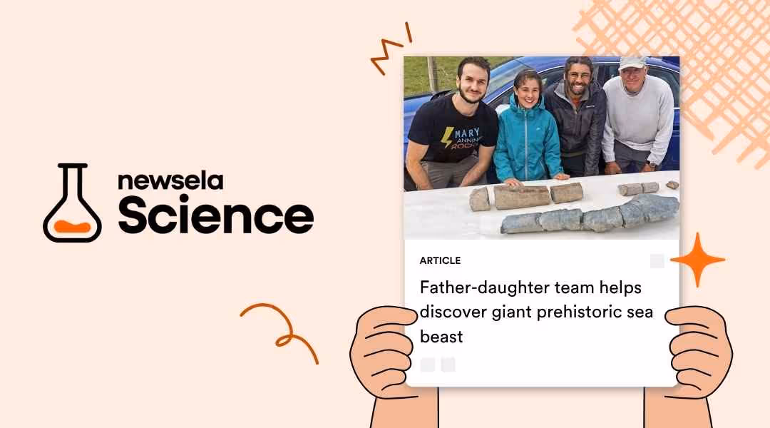 A Newsela Science article card featuring a group of people, including a father and daughter, sitting at a table displaying several large fossils. The headline reads, "Father-daughter team helps discover giant prehistoric sea beast."