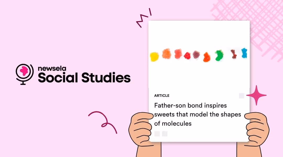 A Newsela Social Studies article card showing colorful candy pieces arranged in a line on a white background. The headline reads, "Father-son bond inspires sweets that model the shapes of molecules."