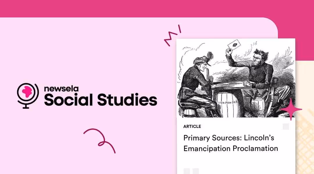An illustrated banner for "Newsela Social Studies" in black text with a pink background. It includes a historical political cartoon showing two figures seated at a barrel labeled "gun powder," one holding a paper aloft, representing the tense moment of the Emancipation Proclamation.