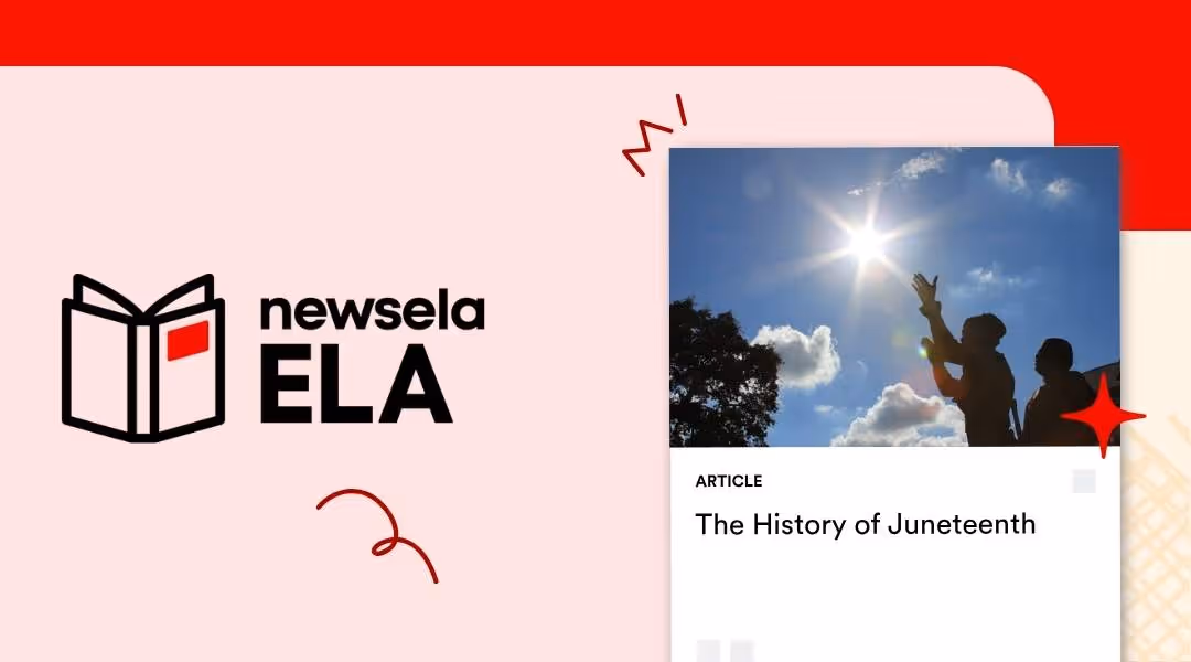 An illustrated banner for "Newsela ELA" in black text with a red background. It features a photo of two silhouetted figures celebrating under a bright sun, representing the spirit of Juneteenth and freedom.