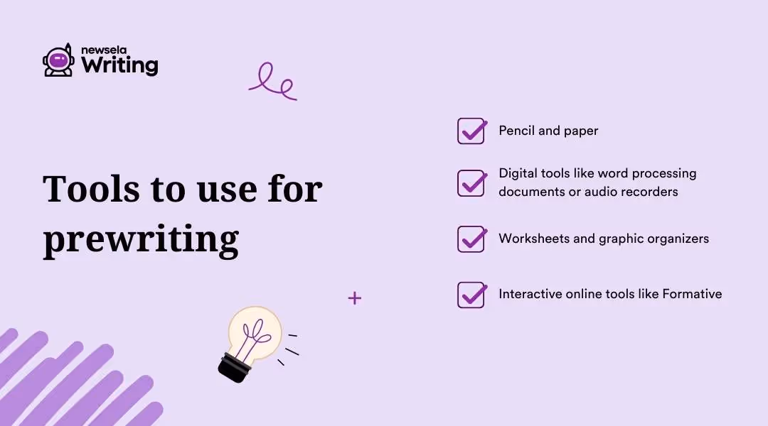 A purple-themed graphic titled "Tools to use for prewriting" from Newsela Writing. The image lists four tools with check marks: Pencil and paper, Digital tools like word processing documents or audio recorders, Worksheets and graphic organizers, and Interactive online tools like Formative. There are decorative elements including a lightbulb illustration and abstract lines.