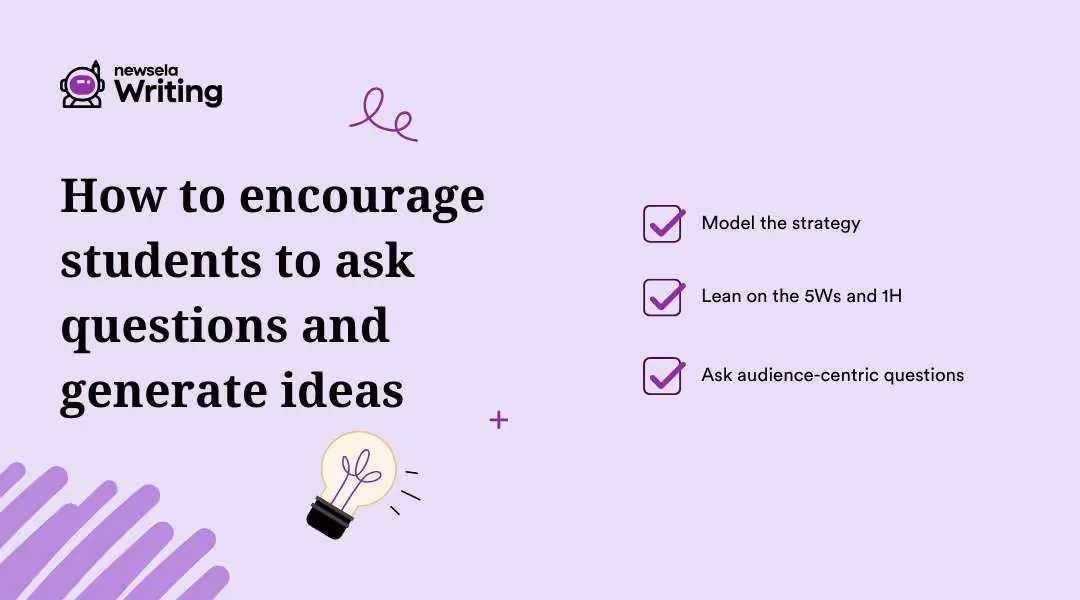 Alt text: Light purple background with the title "How to encourage students to ask questions and generate ideas." Three strategies are listed with purple checkmarks: Model the strategy, Lean on the 5Ws and 1H, Ask audience-centric questions. Includes a lightbulb illustration and the Newsela Writing logo.