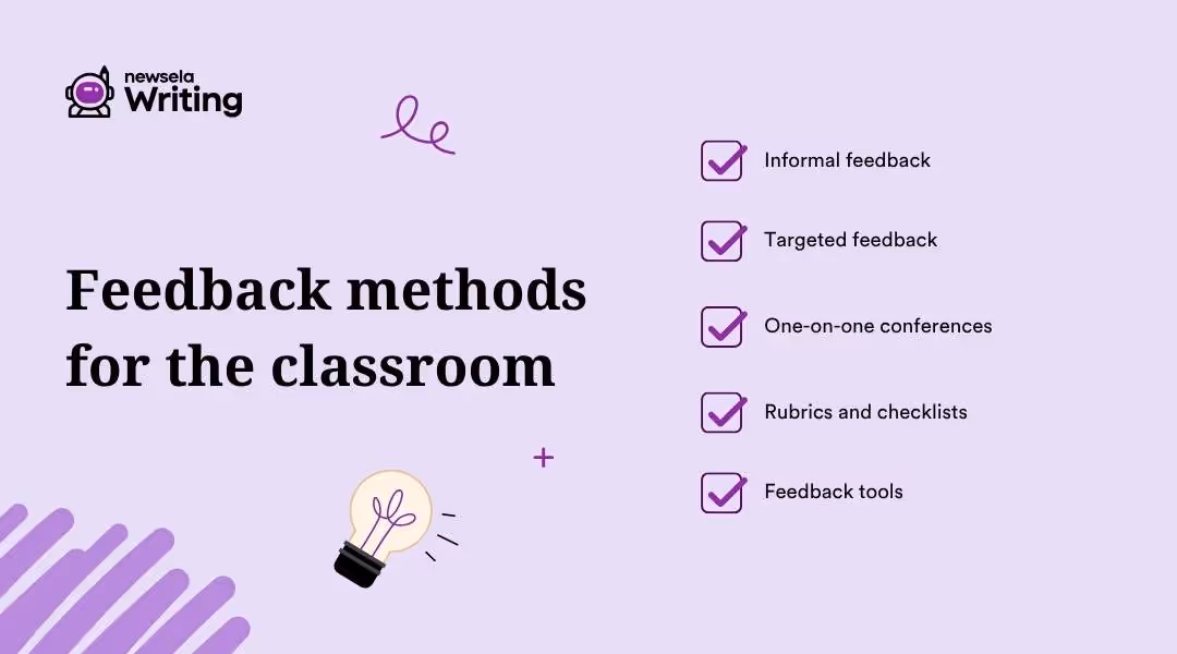 A slide titled "Feedback methods for the classroom" with a list of methods: Informal feedback, Targeted feedback, One-on-one conferences, Rubrics and checklists, and Feedback tools. Each method has a checkmark beside it. The background is light purple with the Newsela Writing logo at the top left and a lightbulb illustration at the bottom left
