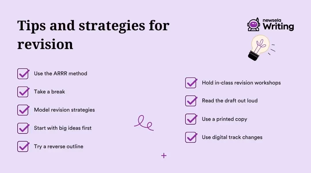 A checklist of revision tips, including methods like ARRR, taking breaks, modeling strategies, starting with big ideas, reverse outlines, workshops, reading aloud, printing drafts, and using digital track changes. Newsela Writing logo is visible.