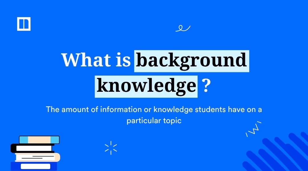 A blue slide with the text What is background knowledge? highlighted, and below it, The amount of information or knowledge students have on a particular topic. There are illustrated books and abstract shapes at the bottom.
