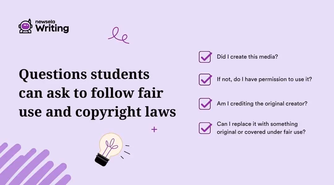 The title "Questions students can ask to follow fair use and copyright laws" is on the left. On the right, a checked list provides questions: "Did I create this media?", "If not, do I have permission to use it?", "Am I crediting the original creator?", and "Can I replace it with something original or covered under fair use?". A lightbulb icon and the "newsela Writing" logo are present.