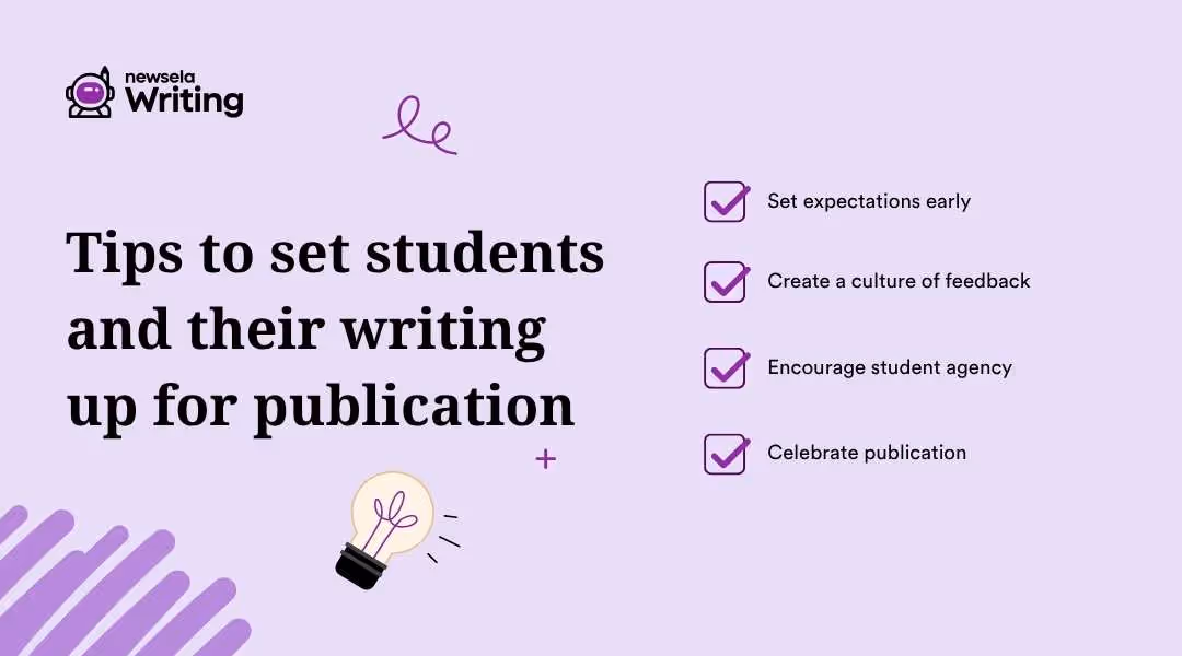 The title "Tips to set students and their writing up for publication" is on the left. On the right, a checked list provides tips: "Set expectations early," "Create a culture of feedback," "Encourage student agency," and "Celebrate publication." A lightbulb icon and the "newsela Writing" logo are present.