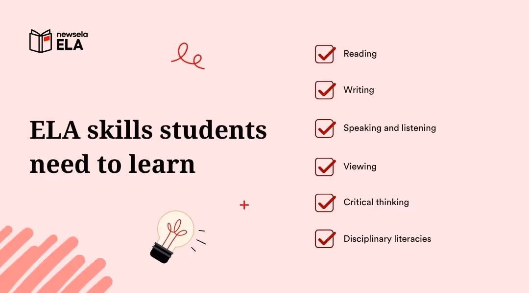 The title "ELA skills students need to learn" is on the left. On the right, a checked list outlines key skills: "Reading," "Writing," "Speaking and listening," "Viewing," "Critical thinking," and "Disciplinary literacies." A lightbulb icon and the "newsela ELA" logo are present.