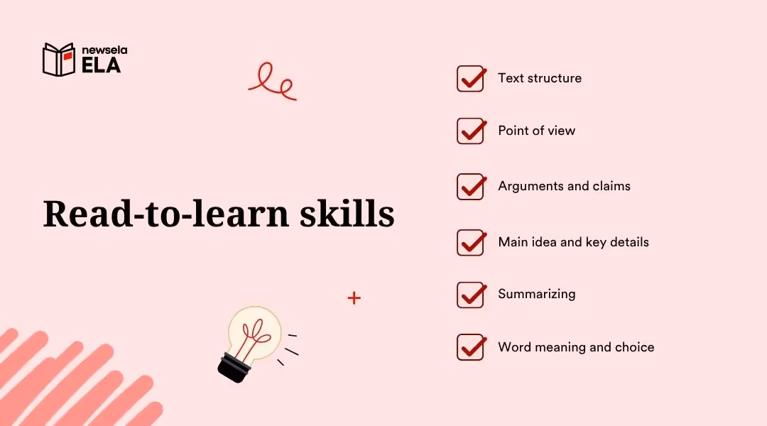 The title "Read-to-learn skills" is on the left. On the right, a checked list provides examples: "Text structure," "Point of view," "Arguments and claims," "Main idea and key details," "Summarizing," and "Word meaning and choice." A lightbulb icon and the "newsela ELA" logo are present.