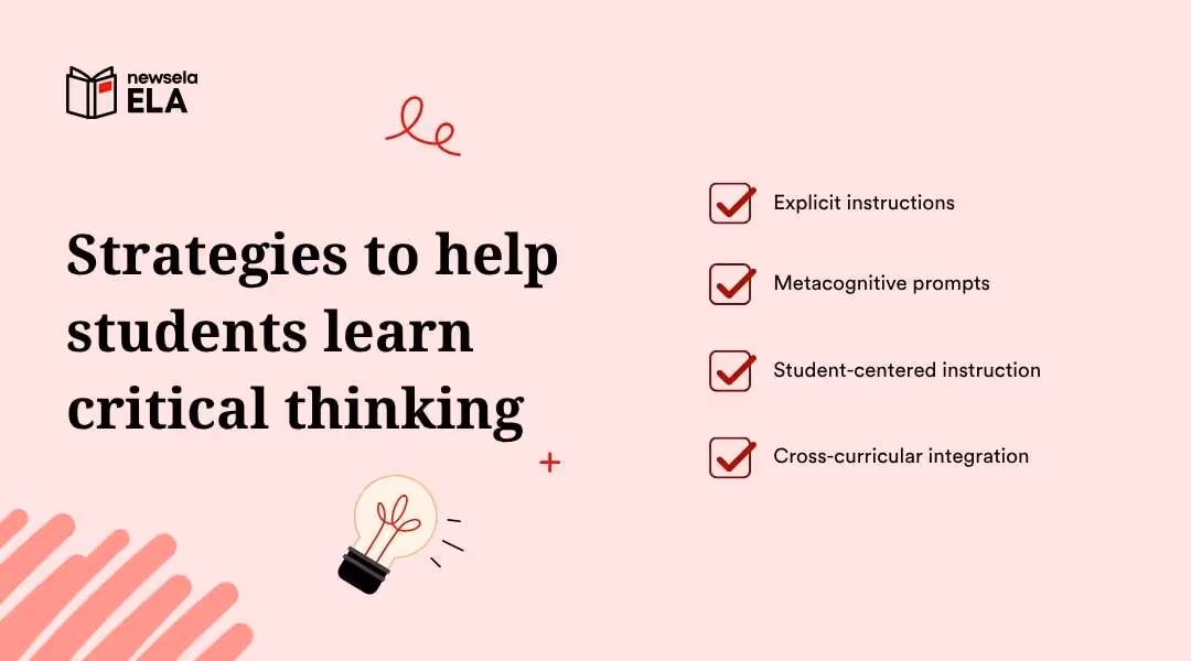 The title "Strategies to help students learn critical thinking" is on the left. On the right, a checked list provides strategies: "Explicit instructions," "Metacognitive prompts," "Student-centered instruction," and "Cross-curricular integration." A lightbulb icon and the "newsela ELA" logo are present.