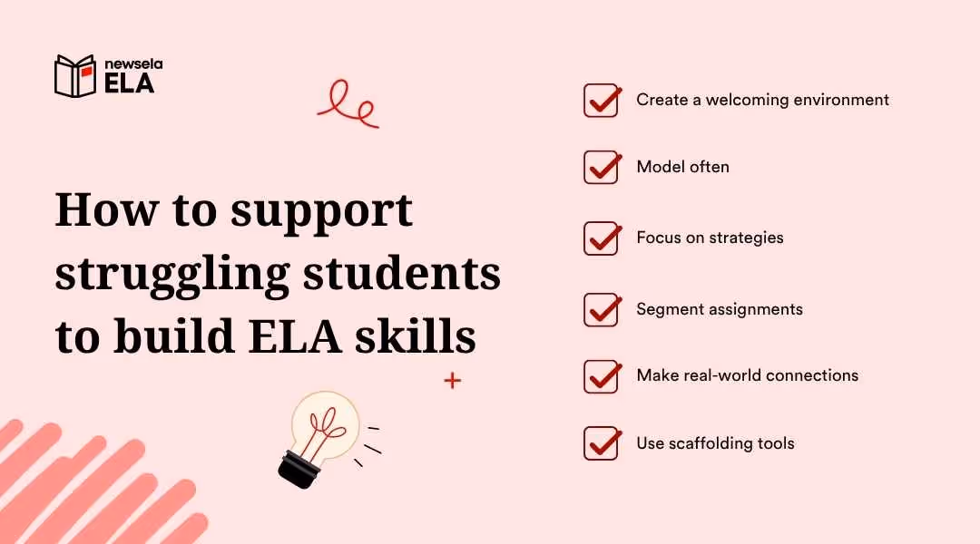 The title "How to support struggling students to build ELA skills" is on the left. On the right, a checked list provides methods: "Create a welcoming environment," "Model often," "Focus on strategies," "Segment assignments," "Make real-world connections," and "Use scaffolding tools." A lightbulb icon and the "newsela ELA" logo are present.