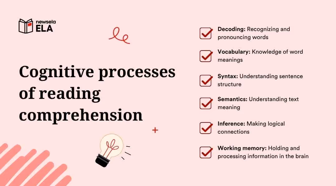 "Cognitive processes of reading comprehension: decoding, vocabulary, syntax, semantics, inference, and working memory, crucial for understanding text in ELA."