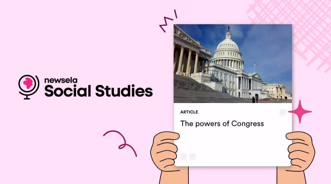 "Newsela Social Studies article discussing 'The powers of Congress,' featuring an image of the United States Capitol building, beneficial for civics and government lessons."