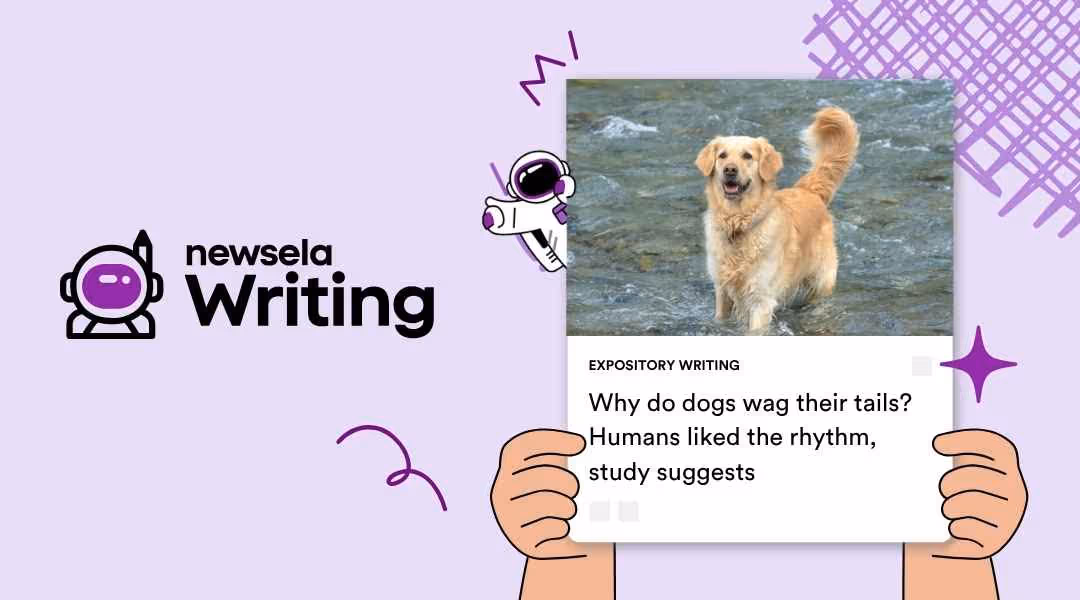 "Newsela Writing article 'Why do dogs wag their tails? Humans liked the rhythm, study suggests,' featuring a golden retriever in water, an example of expository writing and science communication."