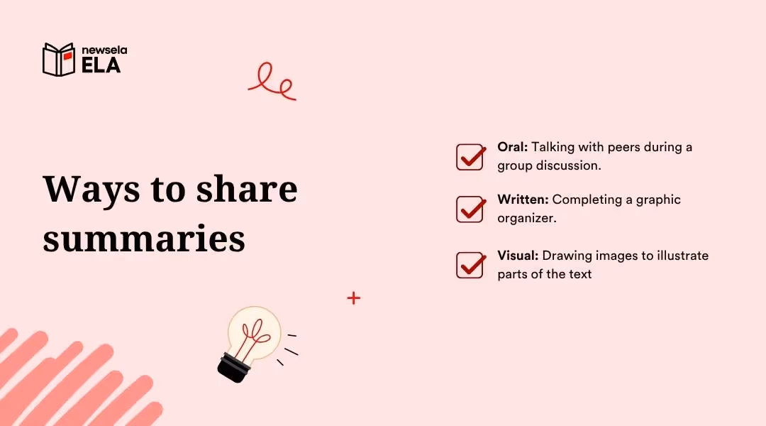 "Ways to share summaries in ELA classrooms: oral discussions with peers, written graphic organizers, and visual drawings to illustrate text parts. Promotes diverse comprehension demonstrations."