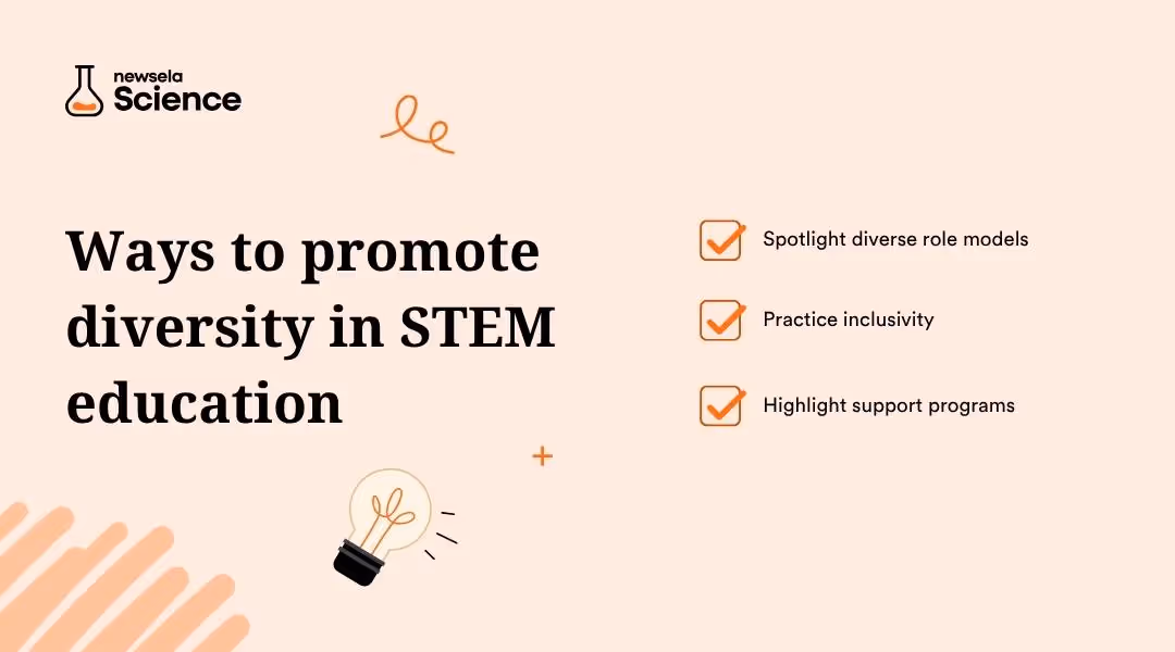 "Ways to promote diversity in STEM education: spotlight diverse role models, practice inclusivity, and highlight support programs. Strategies for fostering equitable and representative science, technology, engineering, and math fields."