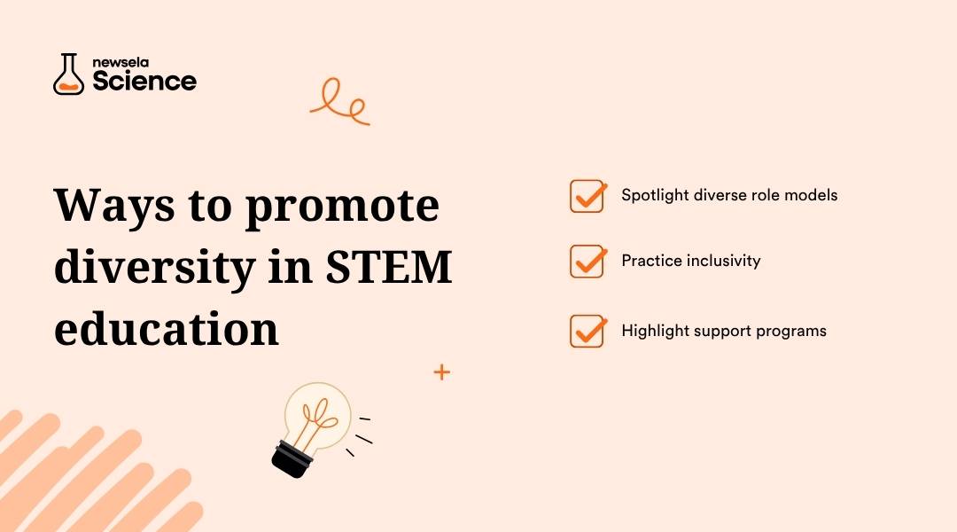 "Ways to promote diversity in STEM education: spotlight diverse role models, practice inclusivity, and highlight support programs. Strategies for fostering equitable and representative science, technology, engineering, and math fields."