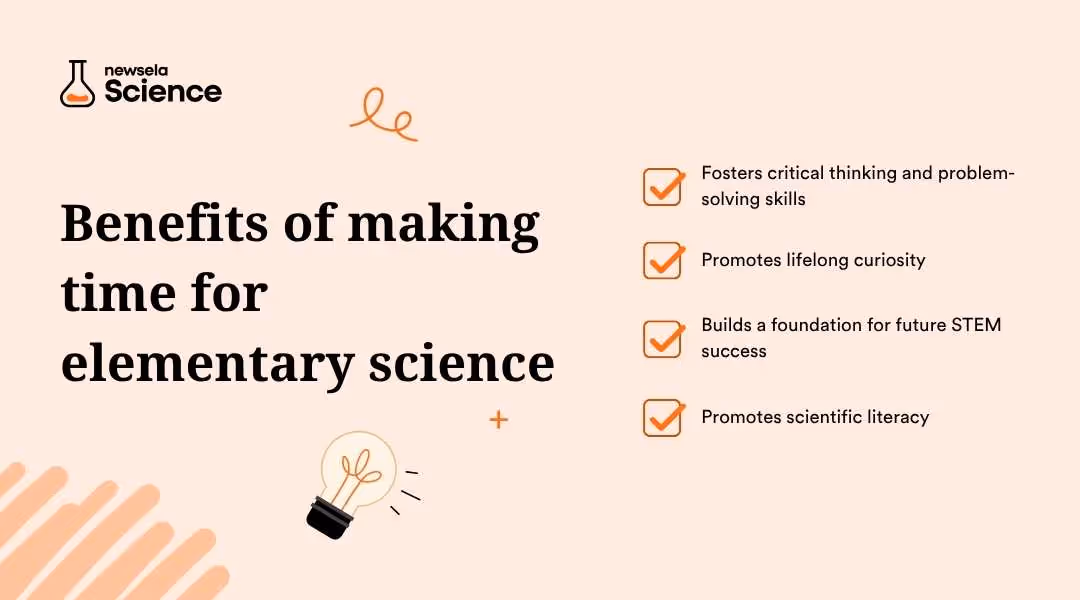 "Benefits of making time for elementary science: fosters critical thinking and problem-solving, promotes lifelong curiosity, builds a foundation for future STEM success, and promotes scientific literacy. Highlights the importance of early science education."
