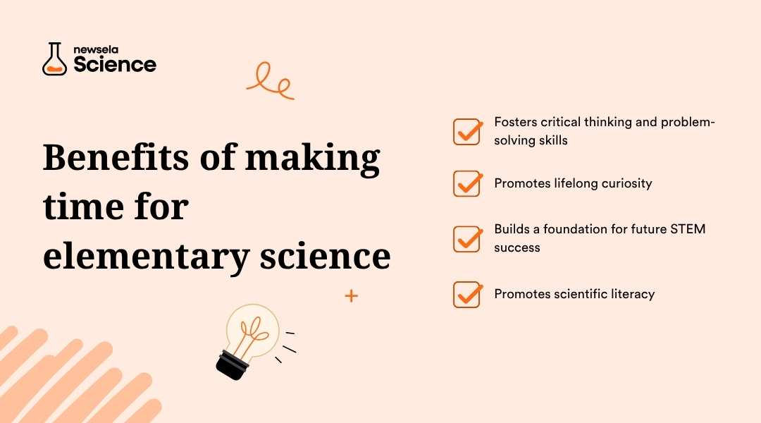 "Benefits of making time for elementary science: fosters critical thinking and problem-solving, promotes lifelong curiosity, builds a foundation for future STEM success, and promotes scientific literacy. Highlights the importance of early science education."