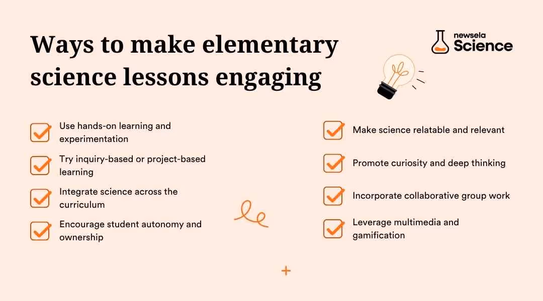 "Ways to make elementary science lessons engaging: use hands-on learning, inquiry/project-based learning, integrate science across curriculum, encourage autonomy, make science relatable, promote curiosity, incorporate collaborative work, and leverage multimedia/gamification. Effective strategies for science teachers."