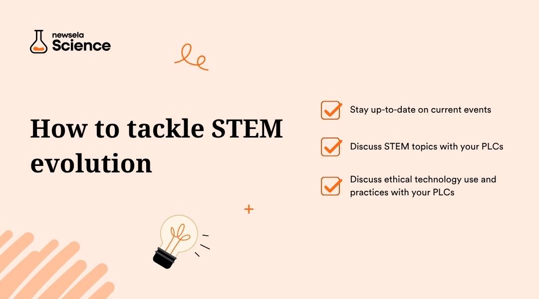 "How to tackle STEM evolution in education: stay up-to-date on current events, discuss STEM topics with PLCs, and discuss ethical technology use and practices with PLCs. Strategies for keeping curriculum relevant in evolving science and technology fields."