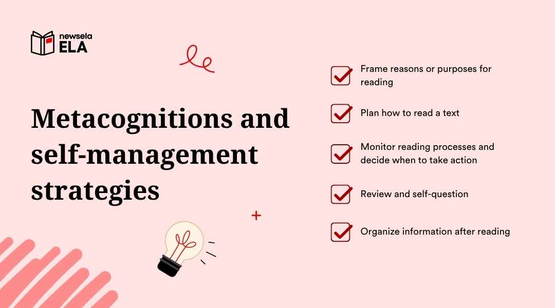 "Metacognition and self-management strategies for reading in ELA: framing purposes for reading, planning text approach, monitoring reading, reviewing and self-questioning, and organizing information. Enhances active reading and comprehension."