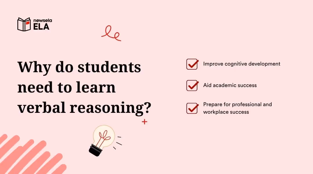 "A slide titled 'Why do students need to learn verbal reasoning?' listing: Improve cognitive development, Aid academic success, and Prepare for professional and workplace success. Includes a lightbulb icon and the Newsela ELA logo."