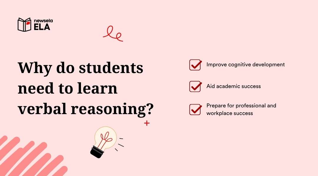 "A slide titled 'Why do students need to learn verbal reasoning?' listing: Improve cognitive development, Aid academic success, and Prepare for professional and workplace success. Includes a lightbulb icon and the Newsela ELA logo."
