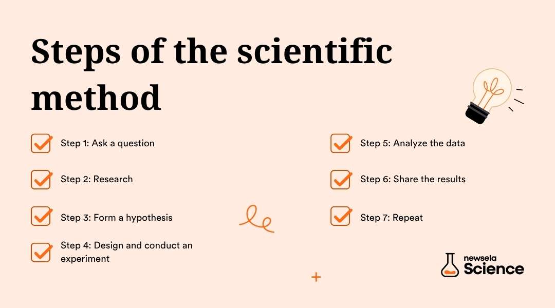 "A checklist outlining the 7 steps of the scientific method: 1. Ask a question, 2. Research, 3. Form a hypothesis, 4. Design and conduct an experiment, 5. Analyze the data, 6. Share the results, and 7. Repeat. A guide for science teachers and students."