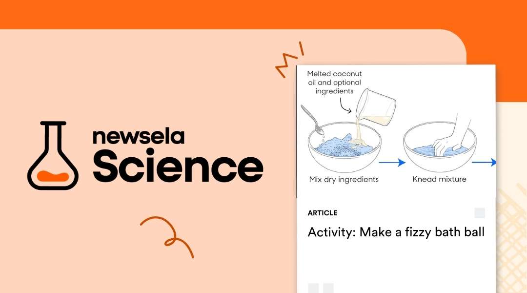 "Newsela Science article 'Activity: Make a fizzy bath ball,' showing a two-step diagram for a science experiment. The steps show mixing dry ingredients and kneading the mixture, demonstrating a hands-on activity for a lesson on chemical reactions."