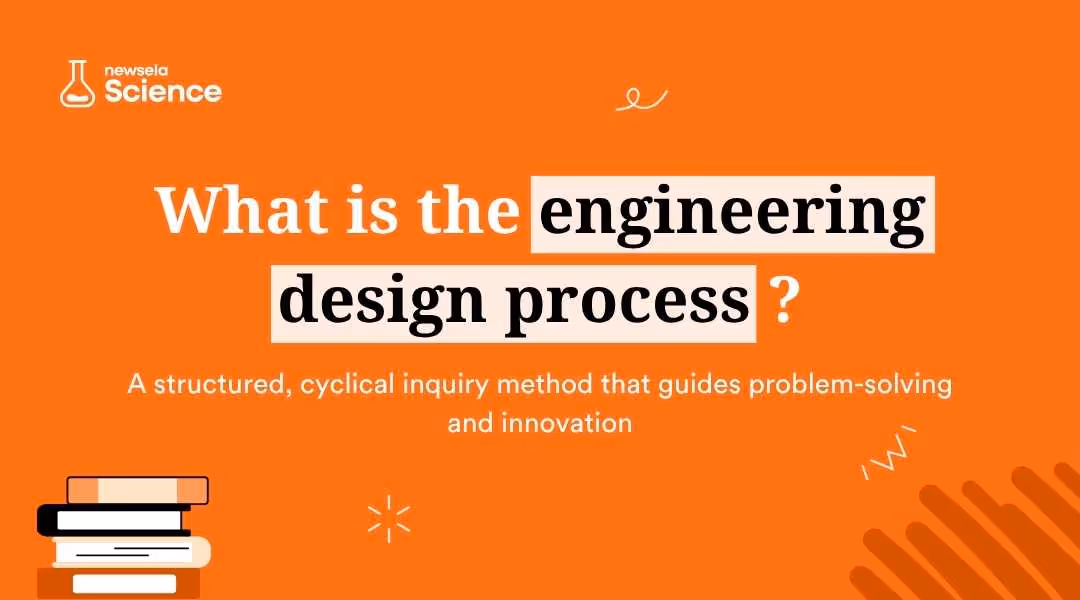 A slide from a Newsela Science presentation with the title "What is the engineering design process?" and the definition: "A structured, cyclical inquiry method that guides problem-solving and innovation."
