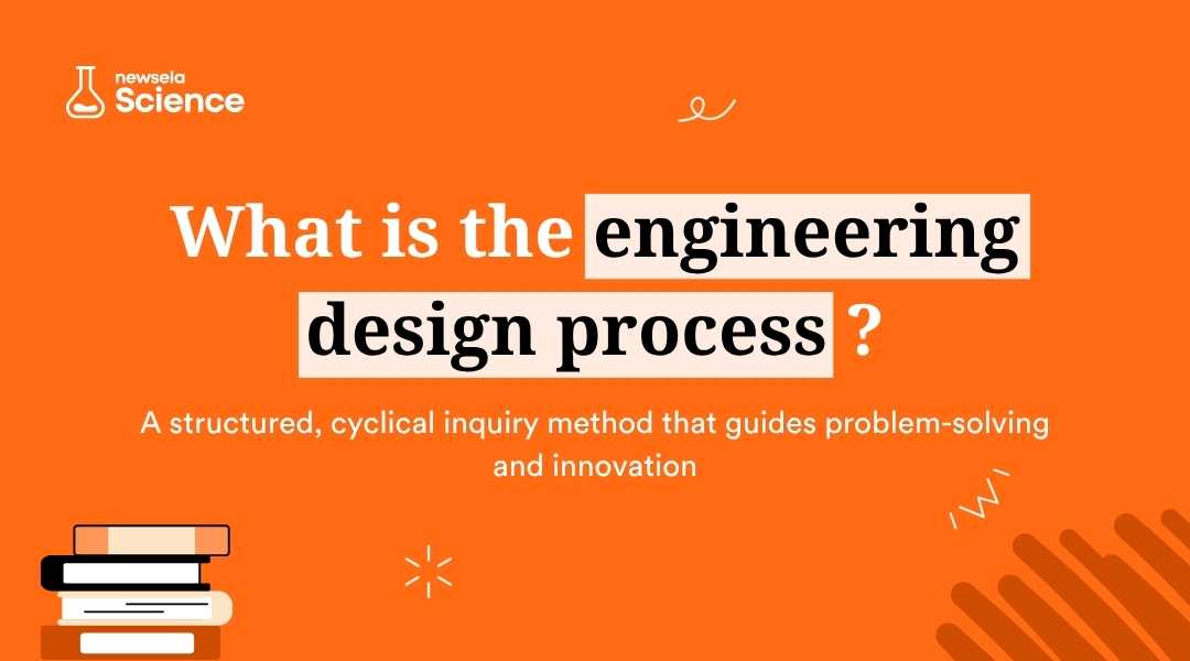 A slide from a Newsela Science presentation with the title "What is the engineering design process?" and the definition: "A structured, cyclical inquiry method that guides problem-solving and innovation."