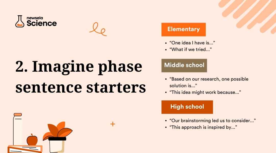 A slide titled "2. Imagine phase sentence starters" from a Newsela Science presentation. It lists sentence starters for elementary, middle school, and high school students to use during the "Imagine" phase of the engineering design process.
