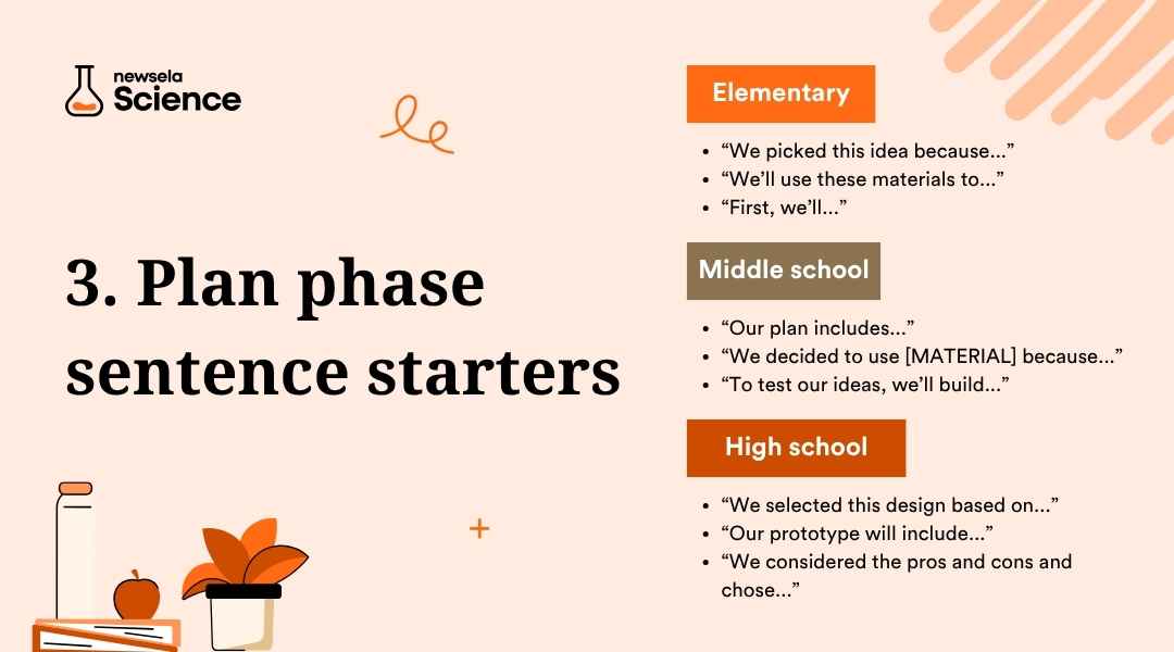 A slide titled "3. Plan phase sentence starters" from a Newsela Science presentation. It lists sentence starters for elementary, middle school, and high school students to use during the "Plan" phase of the engineering design process.