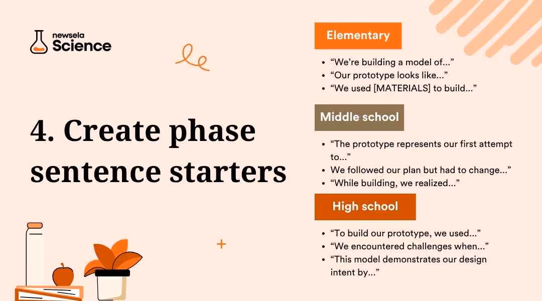 A slide titled "4. Create phase sentence starters" from a Newsela Science presentation. It lists sentence starters for elementary, middle school, and high school students to use during the "Create" phase of the engineering design process.