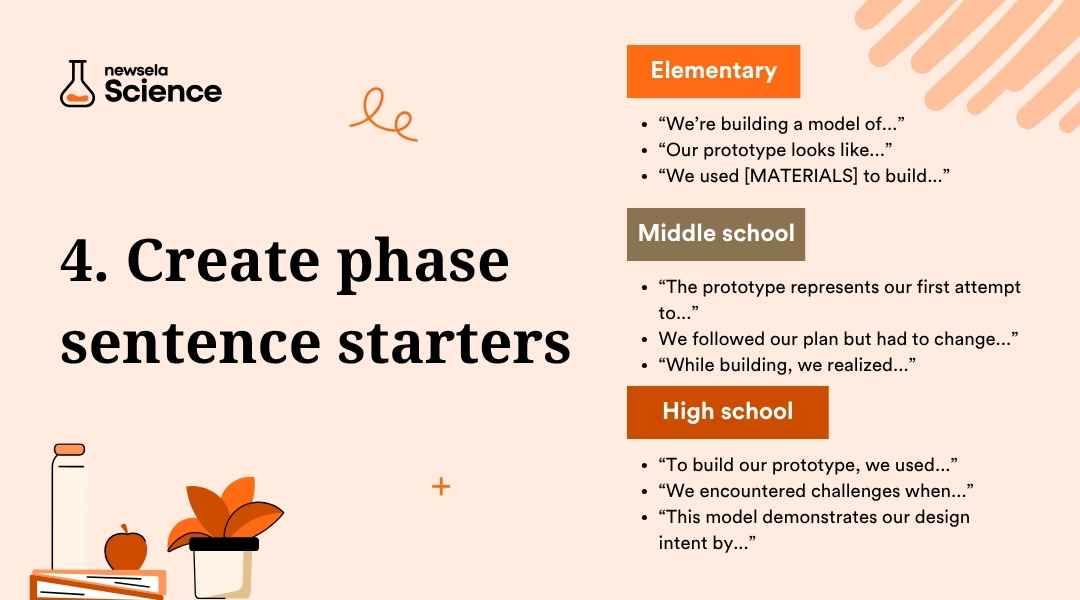 A slide titled "4. Create phase sentence starters" from a Newsela Science presentation. It lists sentence starters for elementary, middle school, and high school students to use during the "Create" phase of the engineering design process.