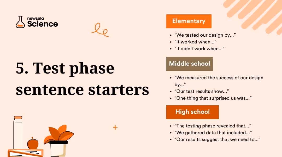 A slide titled "5. Test phase sentence starters" from a Newsela Science presentation. It lists sentence starters for elementary, middle school, and high school students to use during the "Test" phase of the engineering design process.