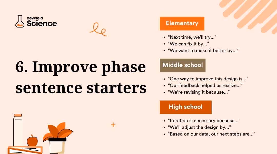 A slide titled "6. Improve phase sentence starters" from a Newsela Science presentation. It lists sentence starters for elementary, middle school, and high school students to use during the "Improve" phase of the engineering design process.