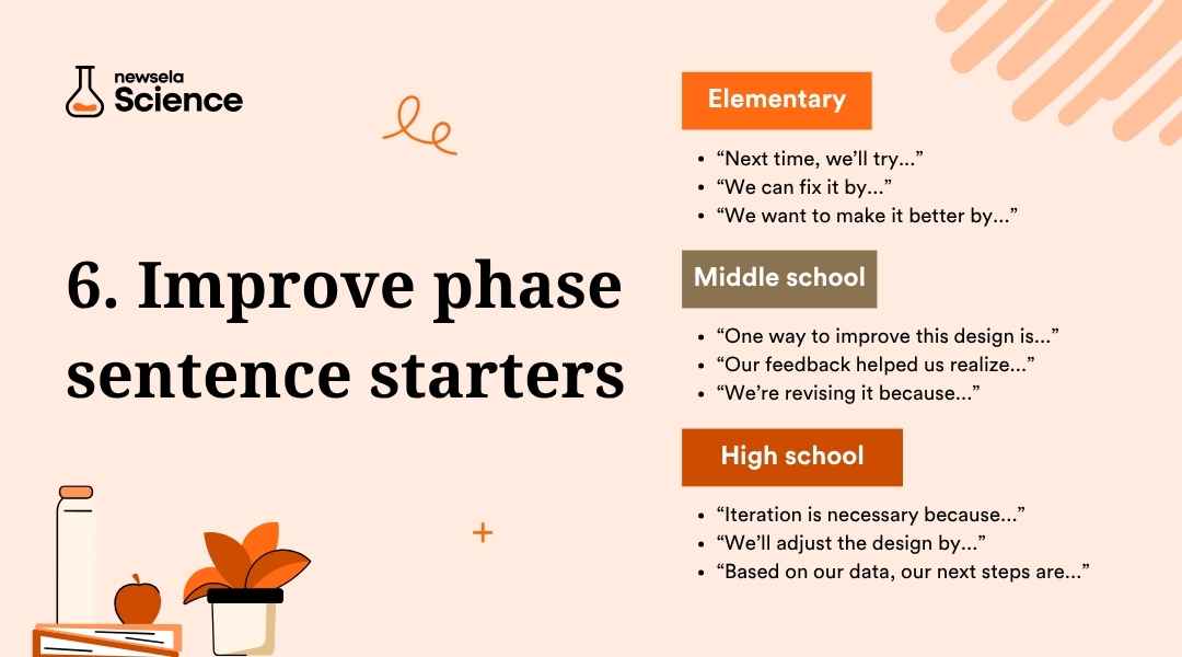 A slide titled "6. Improve phase sentence starters" from a Newsela Science presentation. It lists sentence starters for elementary, middle school, and high school students to use during the "Improve" phase of the engineering design process.