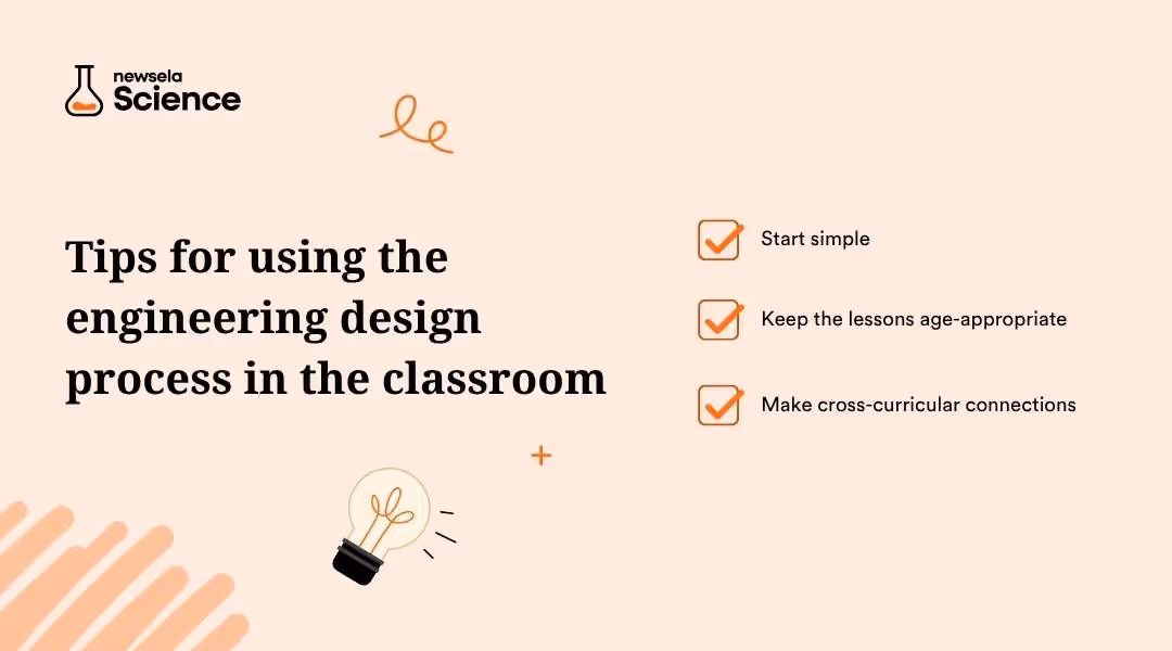 A slide titled "Tips for using the engineering design process in the classroom." The tips listed are: Start simple, Keep the lessons age-appropriate, and Make cross-curricular connections.