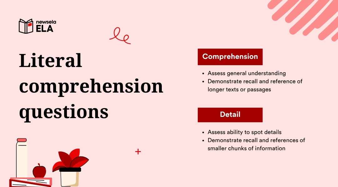 A slide from a Newsela ELA presentation on "Literal comprehension questions." It lists key areas for questioning: Comprehension and Detail, with a brief explanation for each.