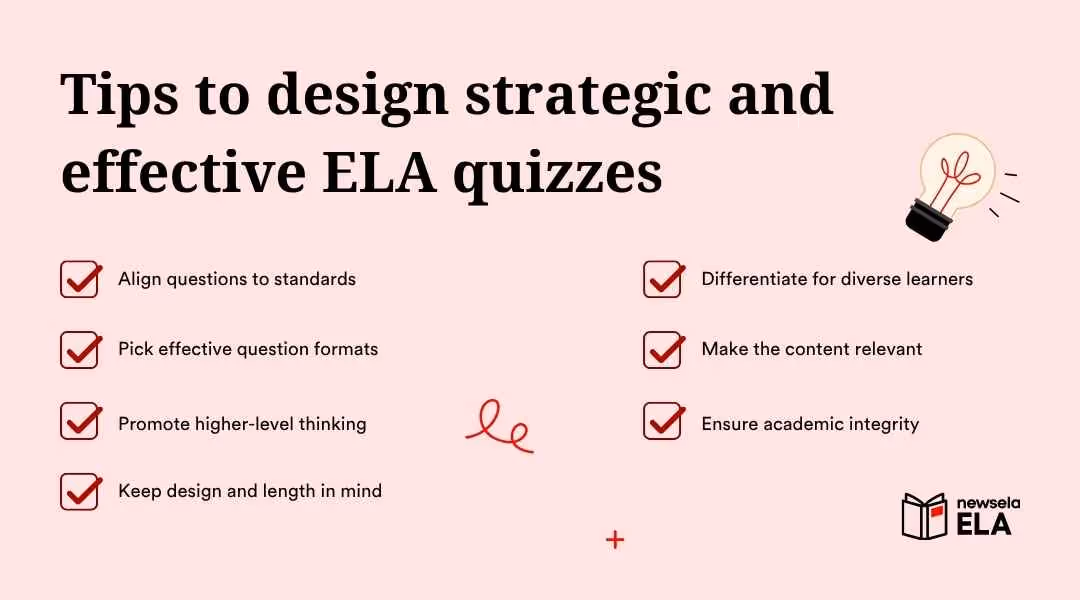 A slide from a Newsela ELA presentation titled "Tips to design strategic and effective ELA quizzes." The tips listed are: Align questions to standards, Pick effective question formats, Promote higher-level thinking, Keep design and length in mind, Differentiate for diverse learners, Make the content relevant, and Ensure academic integrity.