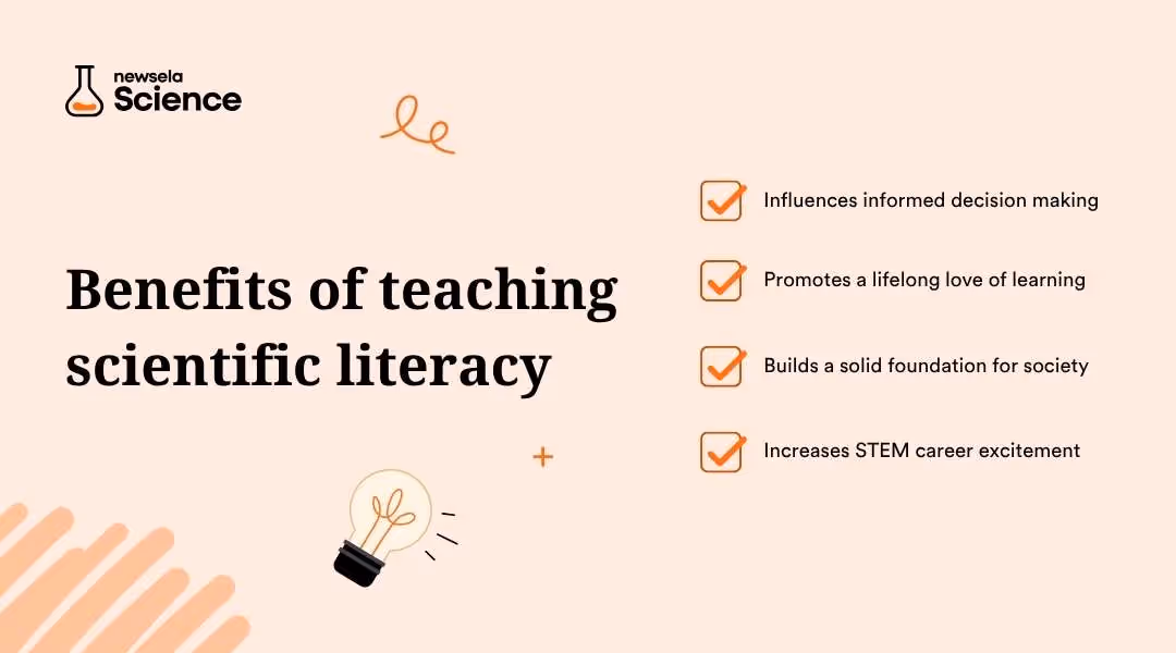 A slide from a Newsela Science presentation titled "Benefits of teaching scientific literacy." The benefits listed are: Influences informed decision making, Promotes a lifelong love of learning, Builds a solid foundation for society, and Increases STEM career excitement.