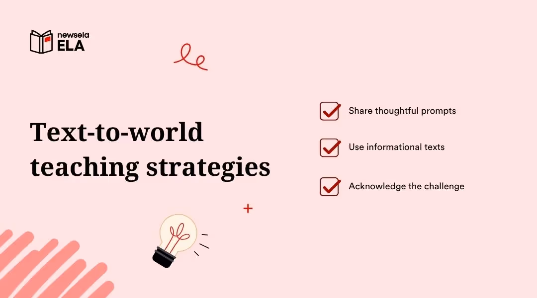A slide from a Newsela ELA presentation listing "Text-to-world teaching strategies." The strategies are: Share thoughtful prompts, Use informational texts, and Acknowledge the challenge.