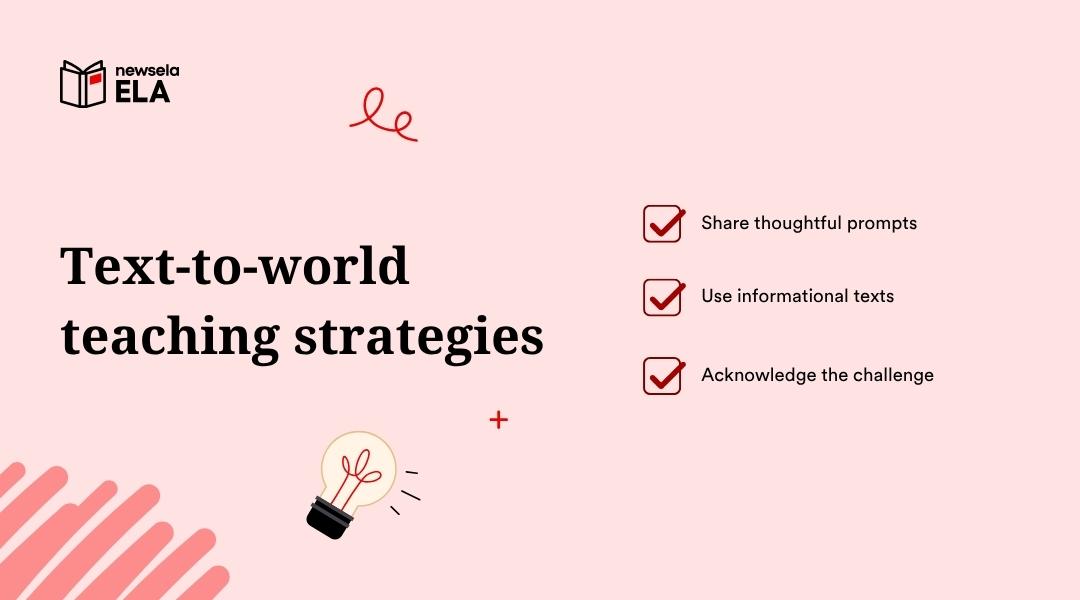 A slide from a Newsela ELA presentation listing "Text-to-world teaching strategies." The strategies are: Share thoughtful prompts, Use informational texts, and Acknowledge the challenge.