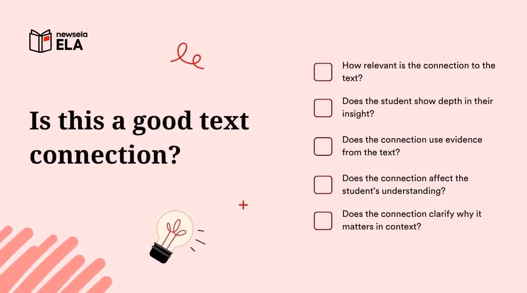 A slide from a Newsela ELA presentation posing the question "Is this a good text connection?" and a checklist of criteria to evaluate it. The criteria are: How relevant is the connection to the text?, Does the student show depth in their insight?, Does the connection use evidence from the text?, Does the connection affect the student's understanding?, and Does the connection clarify why it matters in context?