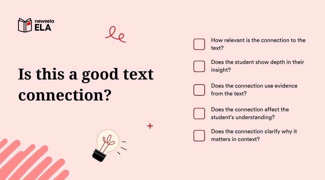 A slide from a Newsela ELA presentation posing the question "Is this a good text connection?" and a checklist of criteria to evaluate it. The criteria are: How relevant is the connection to the text?, Does the student show depth in their insight?, Does the connection use evidence from the text?, Does the connection affect the student's understanding?, and Does the connection clarify why it matters in context?