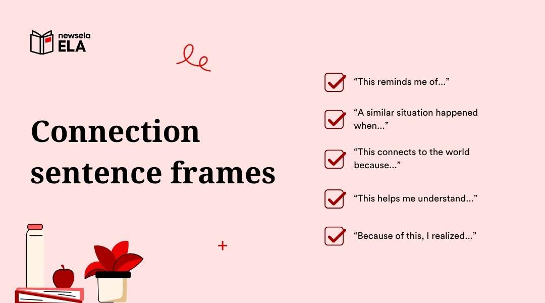 A slide from a Newsela ELA presentation listing "Connection sentence frames." The frames are: "This reminds me of…", "A similar situation happened when…", "This connects to the world because…", "This helps me understand…", and "Because of this, I realized…".